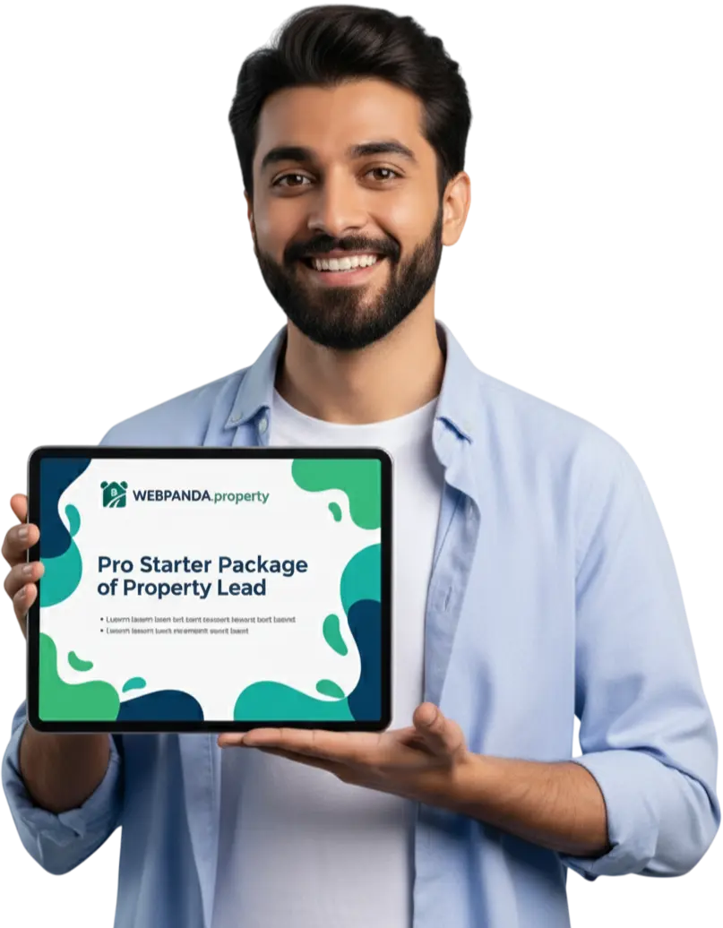 Smiling real estate professional promoting the Pro Starter Package for property leads from WebPanda Property