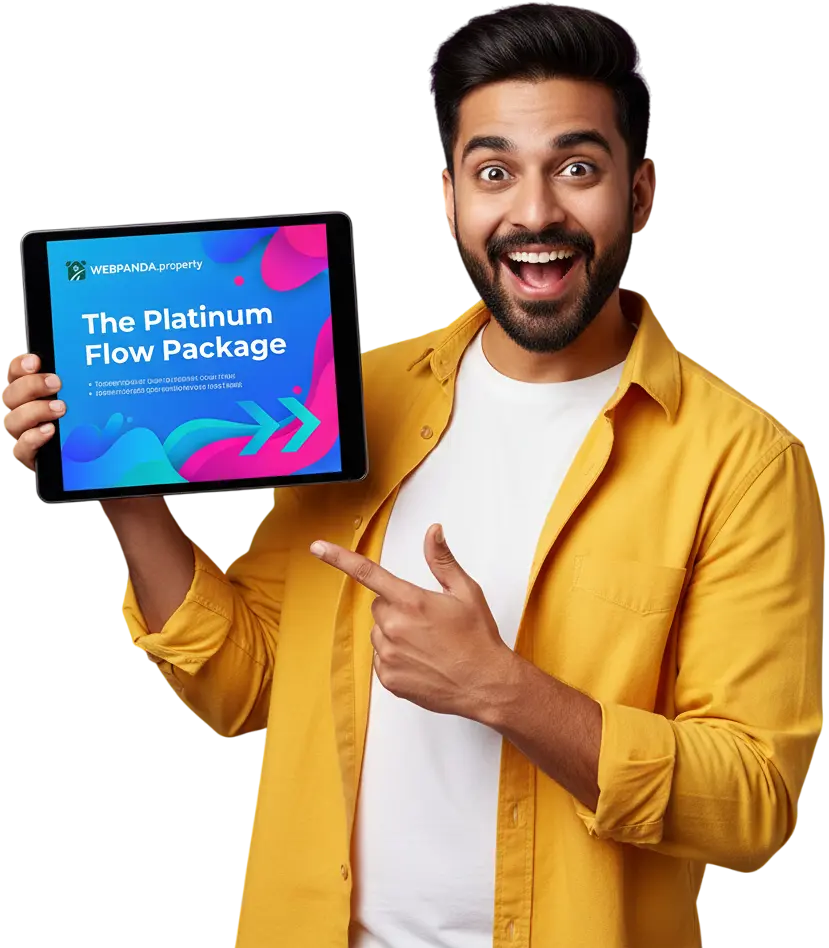 Enthusiastic agent promoting the WebPanda Property Platinum Flow Package for premium AI-driven real estate leads
